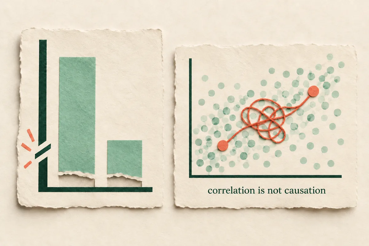 Misuse of data, paper collage of a bar chart with a broken, truncated axis next to a scatter plot with a tangled thread labeled correlation is not causation