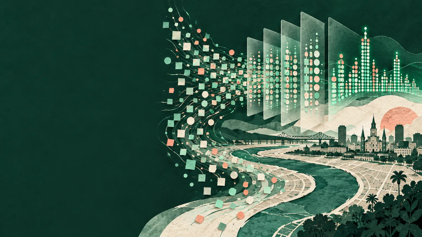 SLAM 2031 Applied Data Analysis at Tulane, paper collage of data points streaming over the Mississippi River into a New Orleans skyline