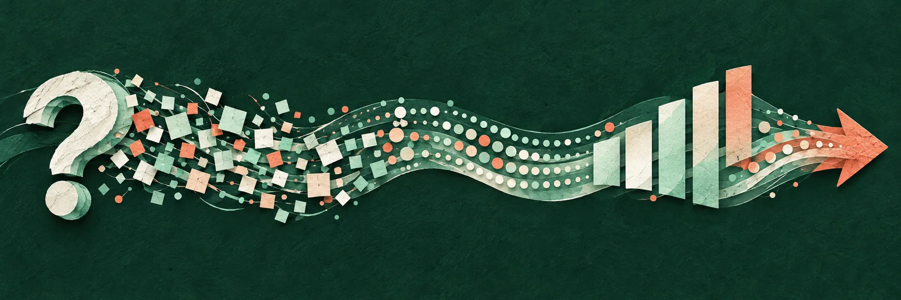 Data analysis pipeline, paper collage of a question mark dissolving into data tiles that become ordered dots, rising bars and an arrow pointing forward