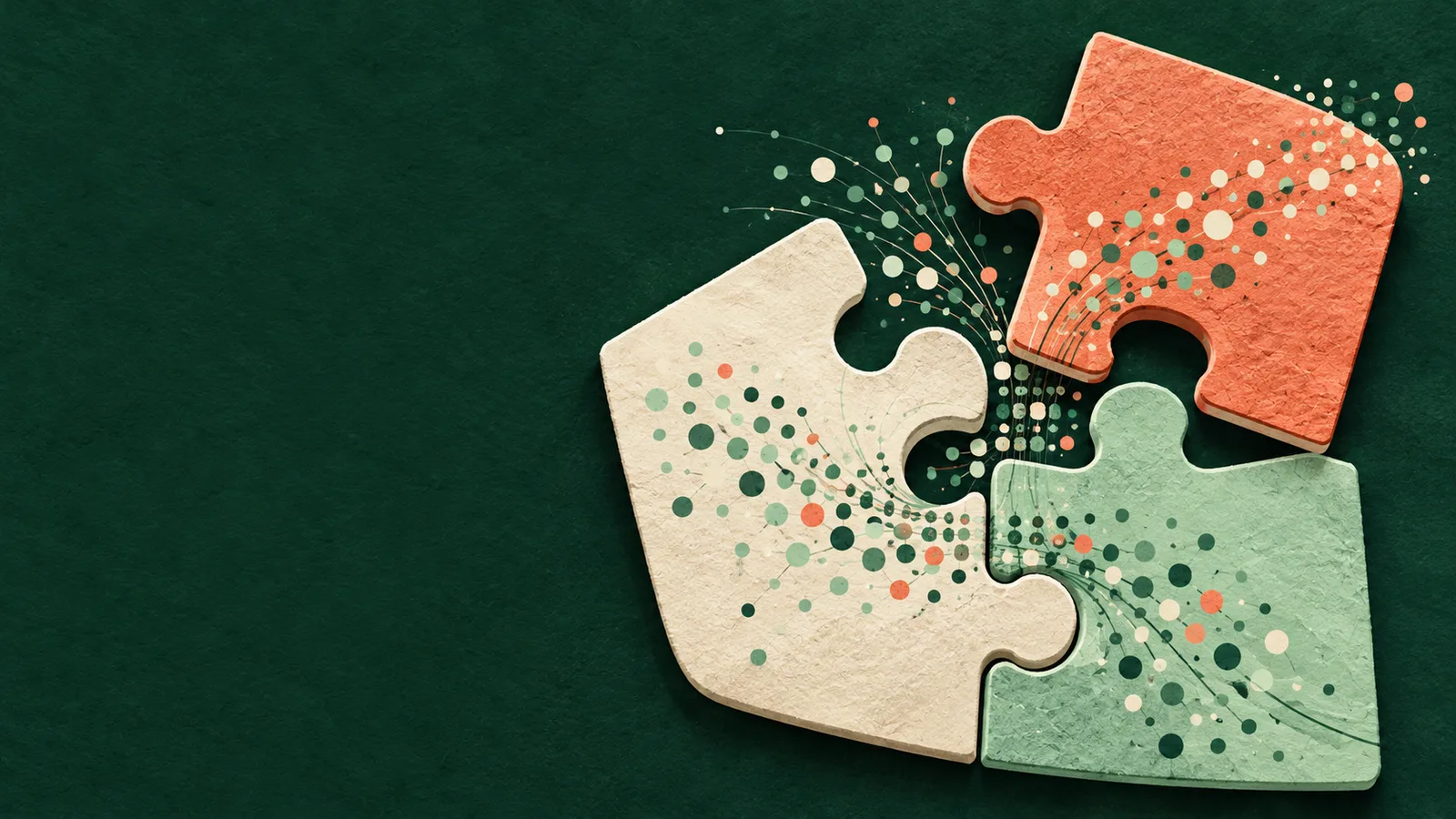 Course requirements, paper collage of three puzzle pieces fitting together with data dots flowing between them