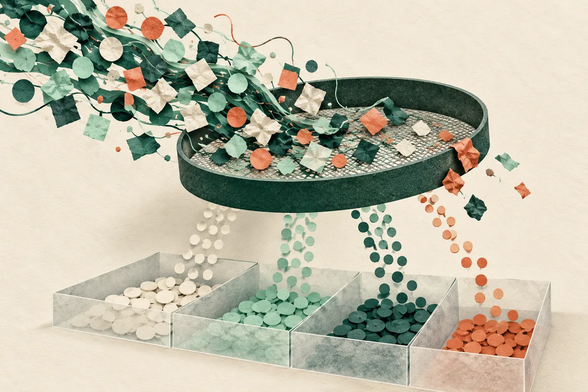 Data cleaning, paper collage of jumbled shapes pouring through a sieve and coming out sorted by color into four bins