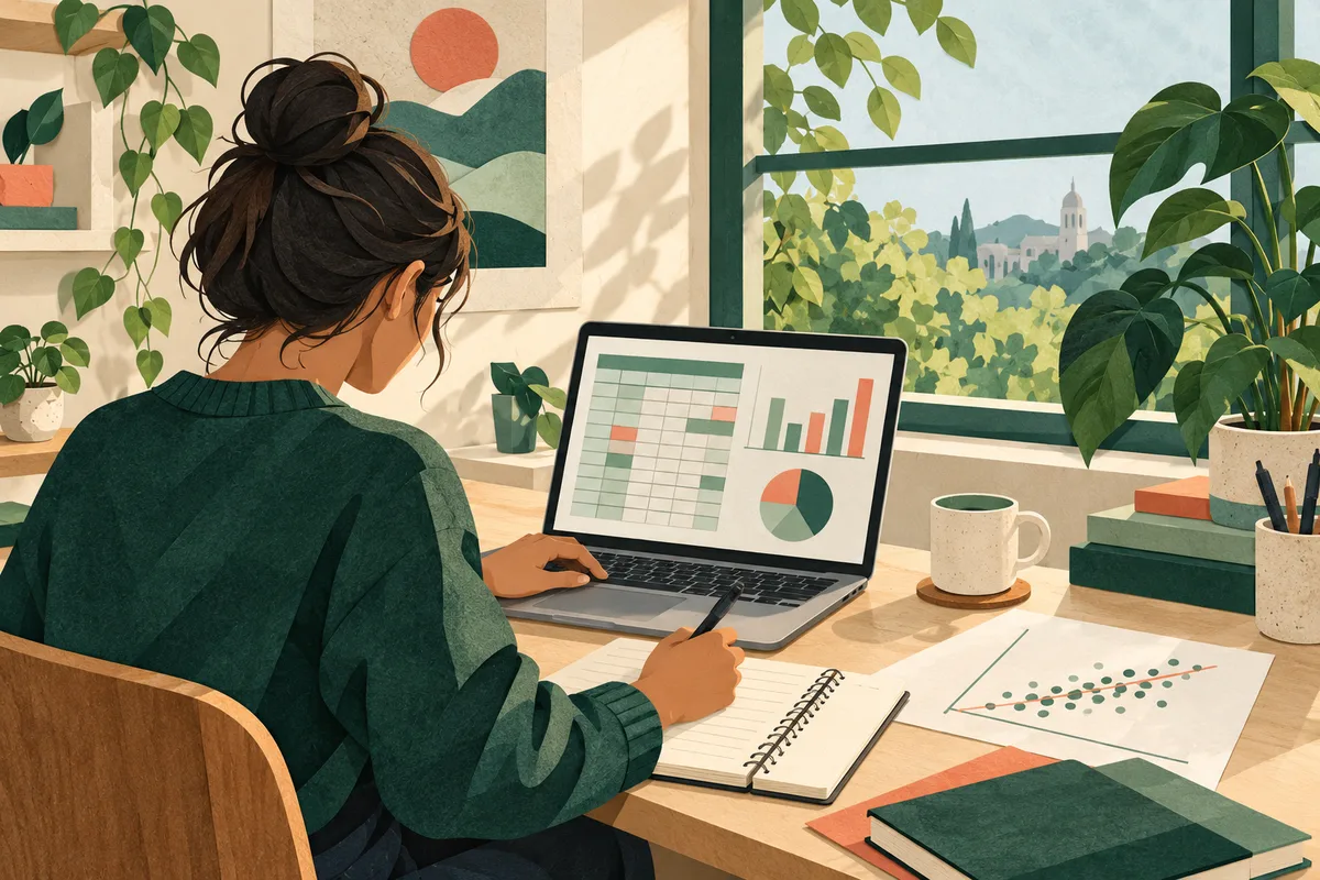 Data analysis course for every major, paper collage of a student at a sunny desk with a laptop showing a spreadsheet and charts