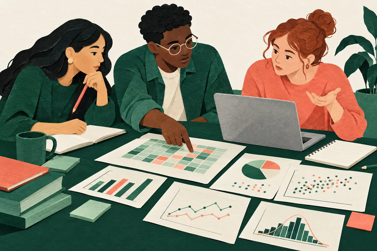 Team data analysis project, paper collage of three students around a table of printed charts, one pointing at a heat map