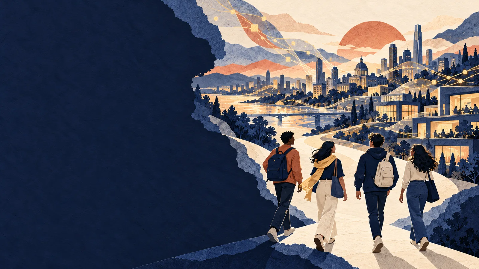 Paper collage of four students walking along a path toward a city connected by threads of light