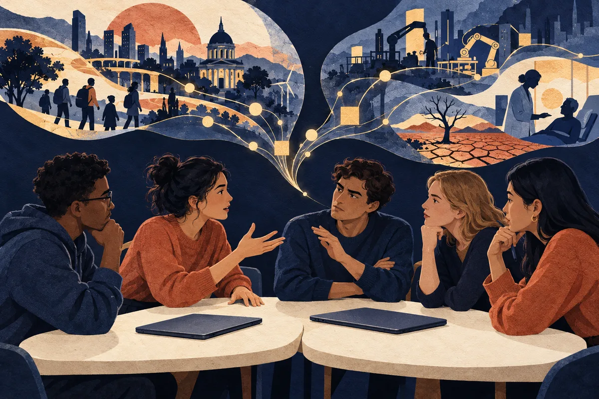 Class discussion in AI and Society, paper collage of five students debating around a table with their laptops closed