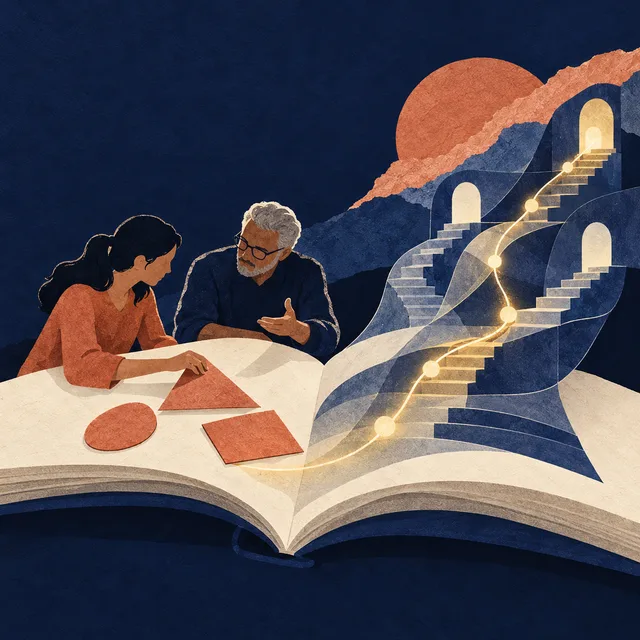 Paper collage of a student and mentor at an open book whose pages rise into glowing stairs