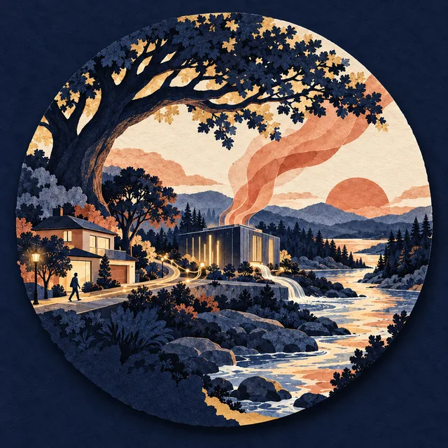 Paper collage of a glowing data center beside a river and a home under a large oak