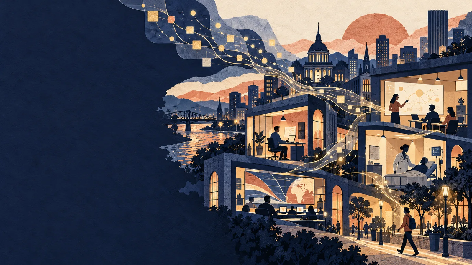 SLAM 3111 AI and Society at Tulane, paper collage of a city at dusk where AI connects classrooms, offices, hospitals and streets