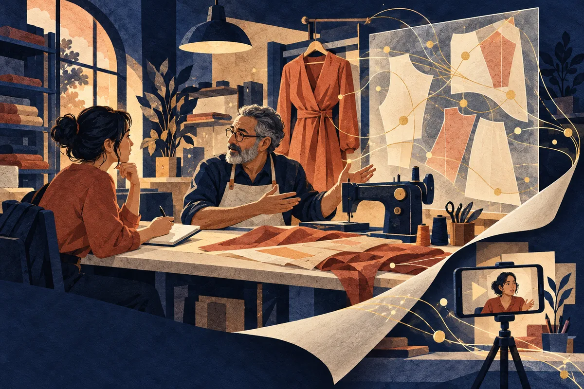 Individual project in AI and Society, paper collage of a student interviewing a tailor in his workshop, with her pitch recorded on a phone