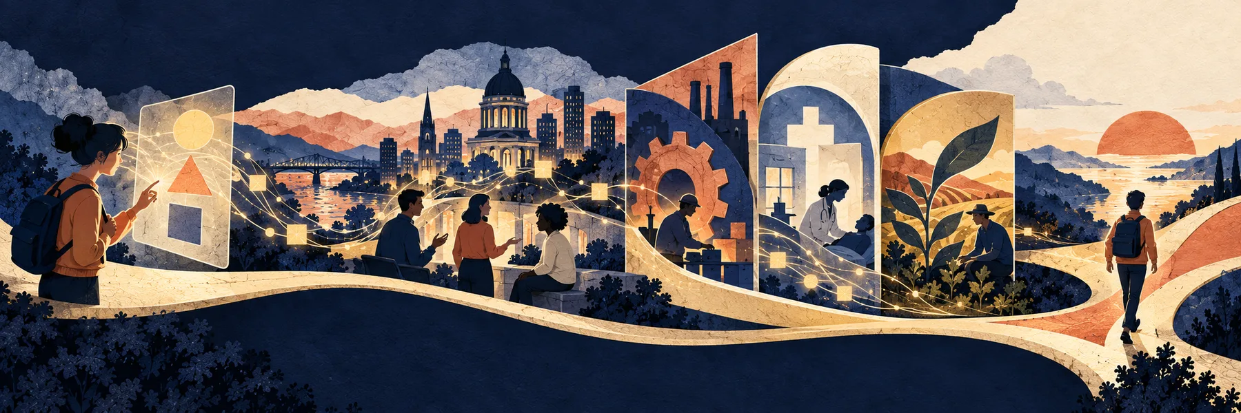 The four parts of the course, paper collage of a path from a student exploring AI, past a city and people in discussion, through industry panels, to one person walking toward the sunset