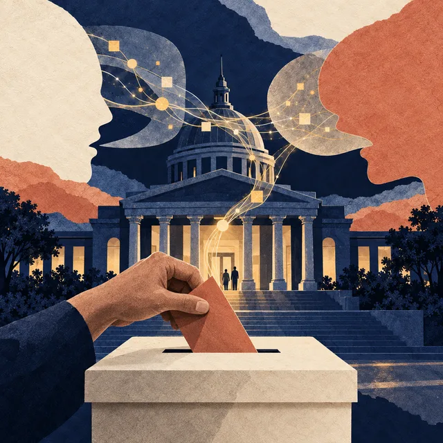 Paper collage of a ballot going into a box in front of a capitol, between two speaking silhouettes
