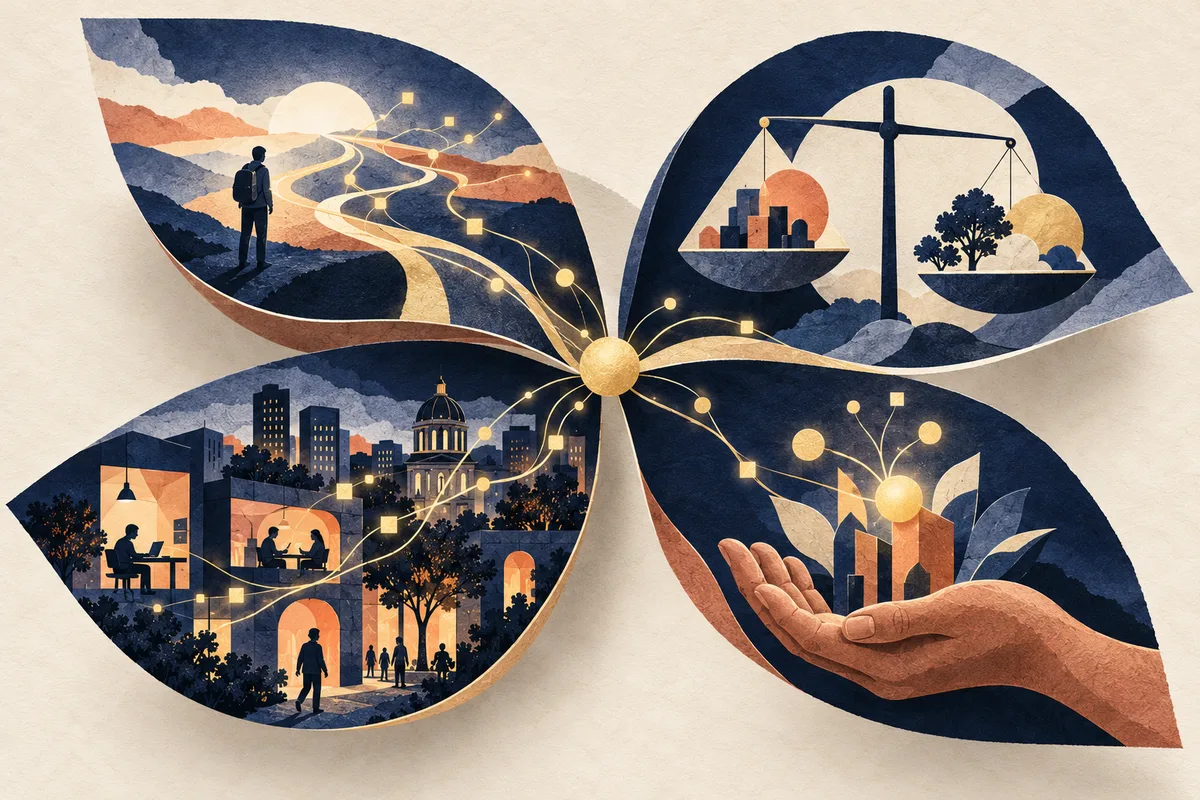 The four questions of AI and Society, paper collage of four petals showing a path ahead, a balance scale, a connected city and a hand holding something of value