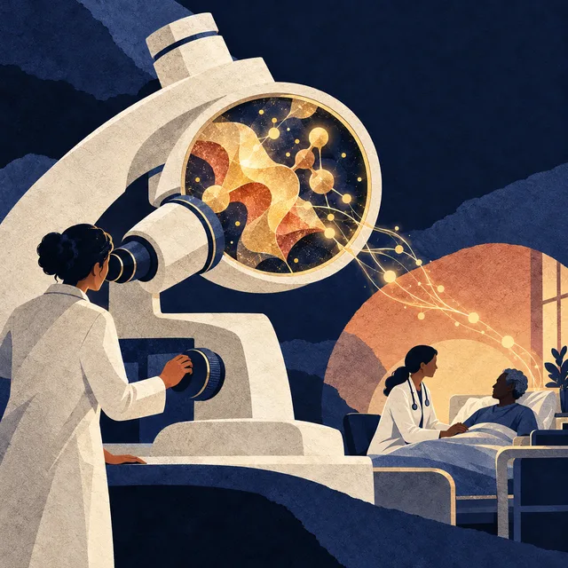 Paper collage of a researcher at a microscope and a doctor with a patient, linked by threads of light