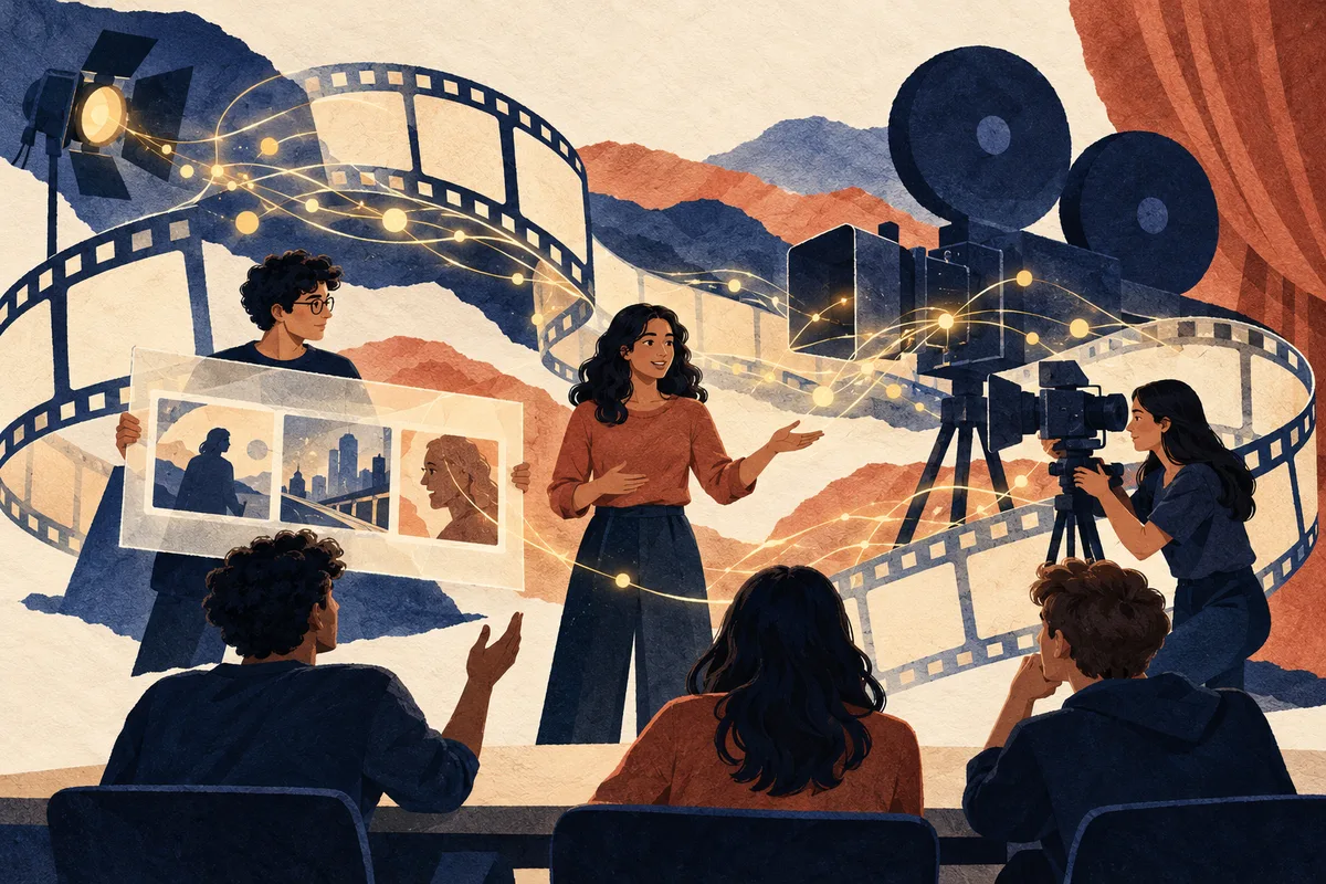 Team project in AI and Society, paper collage of a student team presenting the film industry to classmates, with a storyboard, cameras and film reels