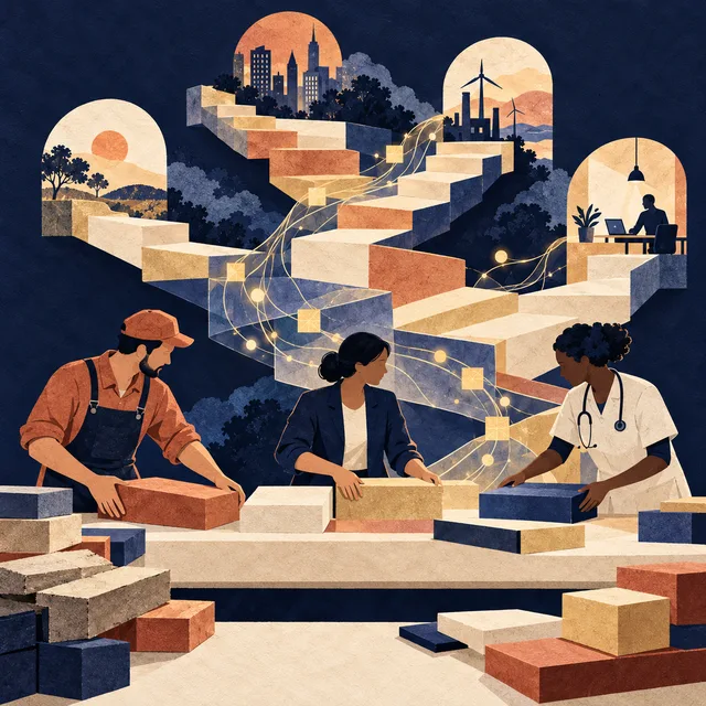 Paper collage of a tradesman, an office worker and a nurse building with blocks beneath a staircase of workplaces