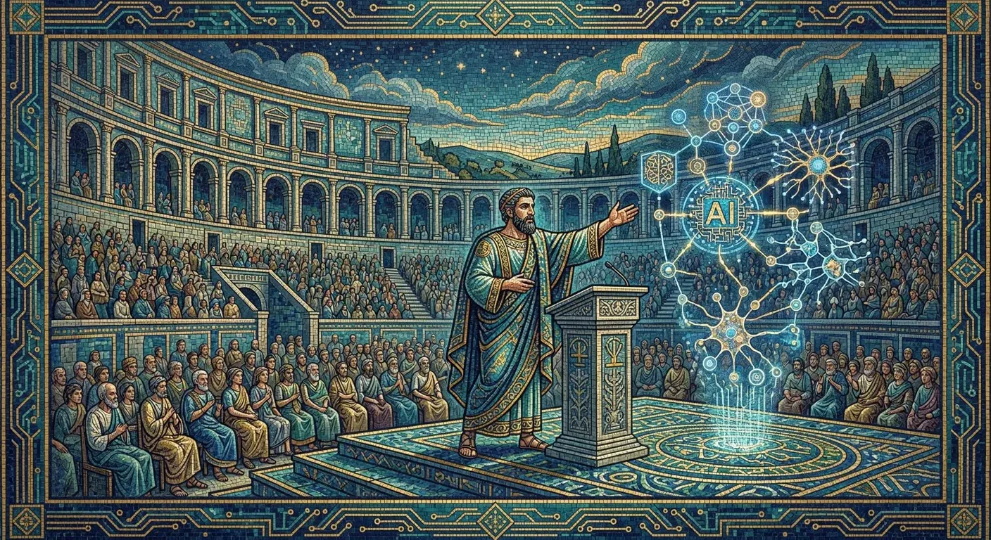 New Orleans AI speaker Knud Berthelsen — mosaic illustration of a keynote speaker at a conference