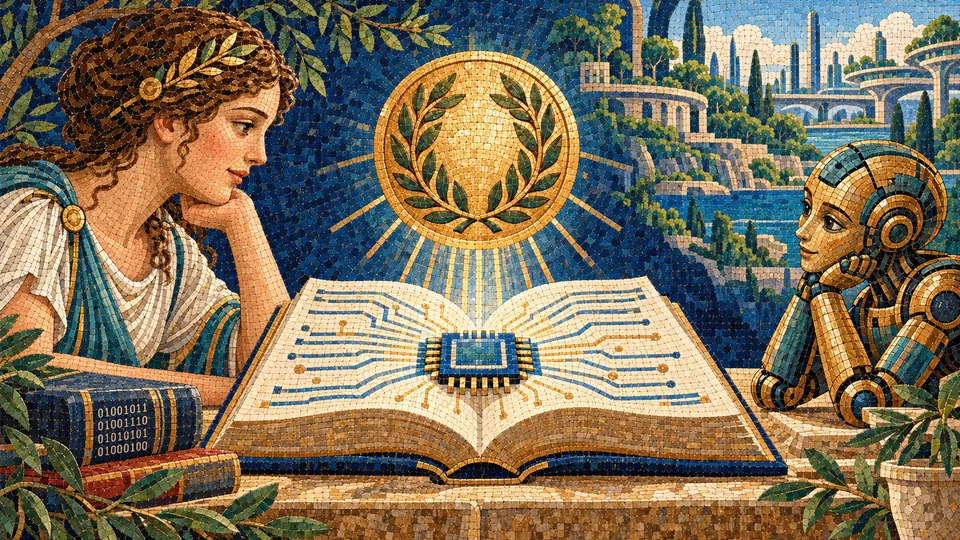 Applied AI Literacy badge course, ancient mosaic of an open book, microchip and laurel medal between a goddess and robot