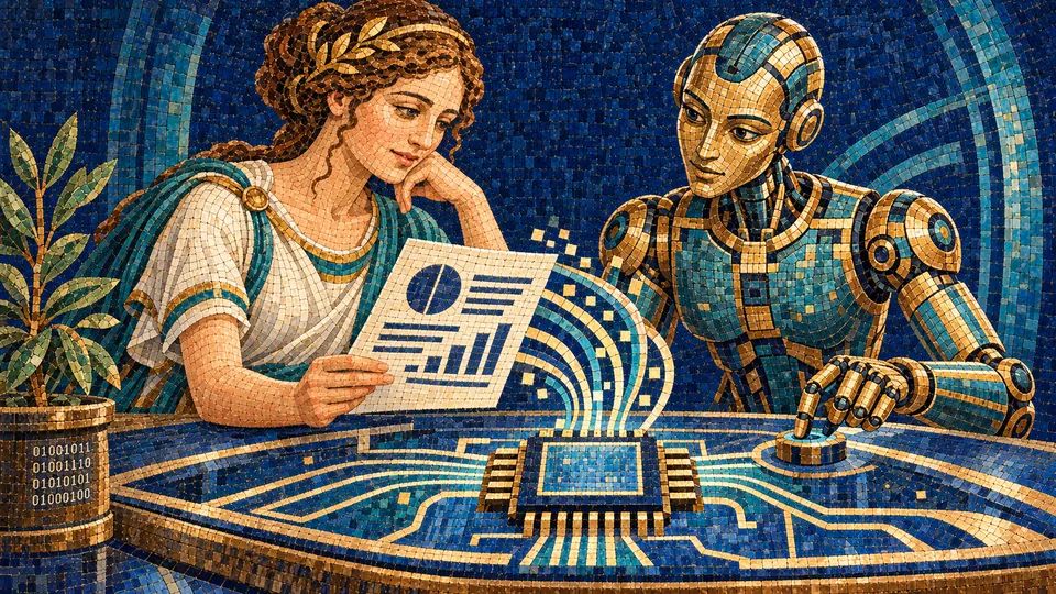 Artificial Intelligence Tools at Tulane, ancient mosaic of a goddess and robot using a microchip console to produce a document
