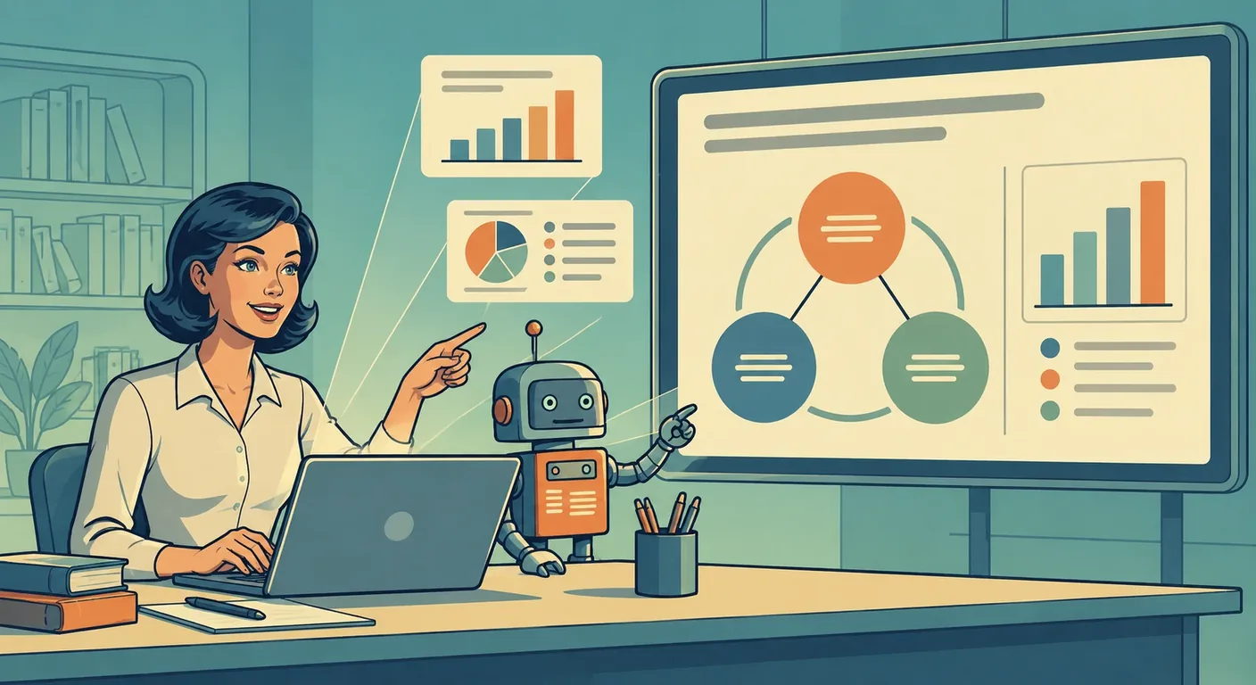 Leveraging AI to create presentation slides and other visualizations for class workshop illustration, a professor and a small robot presenting charts and a diagram on a large screen