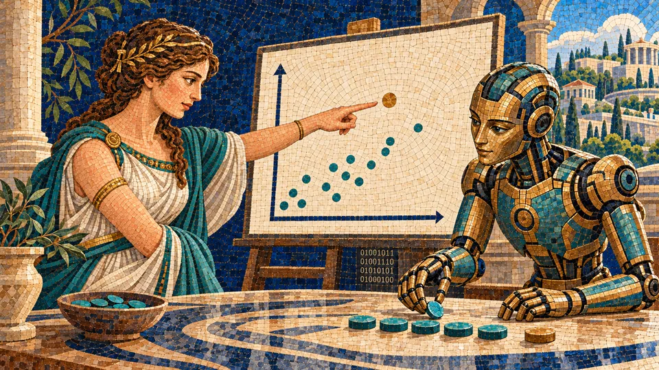 Applied Data Analysis at Tulane, ancient mosaic of a goddess questioning an outlying data point while a robot organizes data tiles