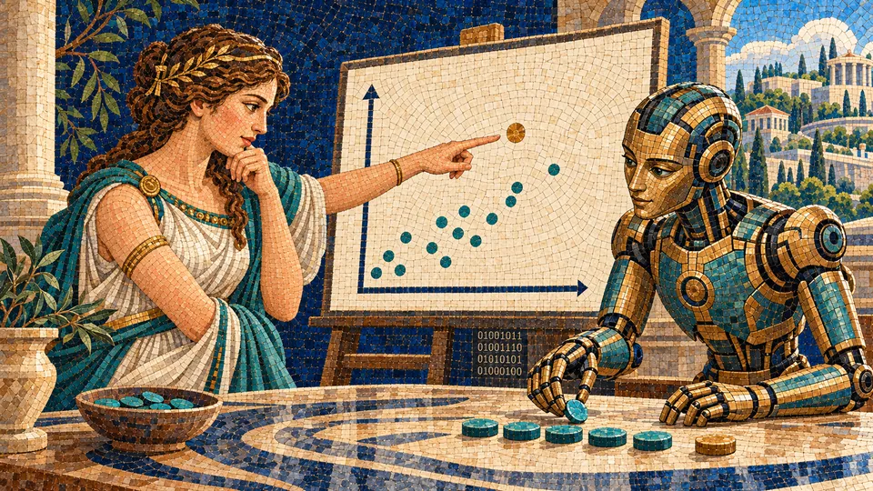 Applied Data Analysis at Tulane, ancient mosaic of a goddess questioning an outlying data point while a robot organizes data tiles