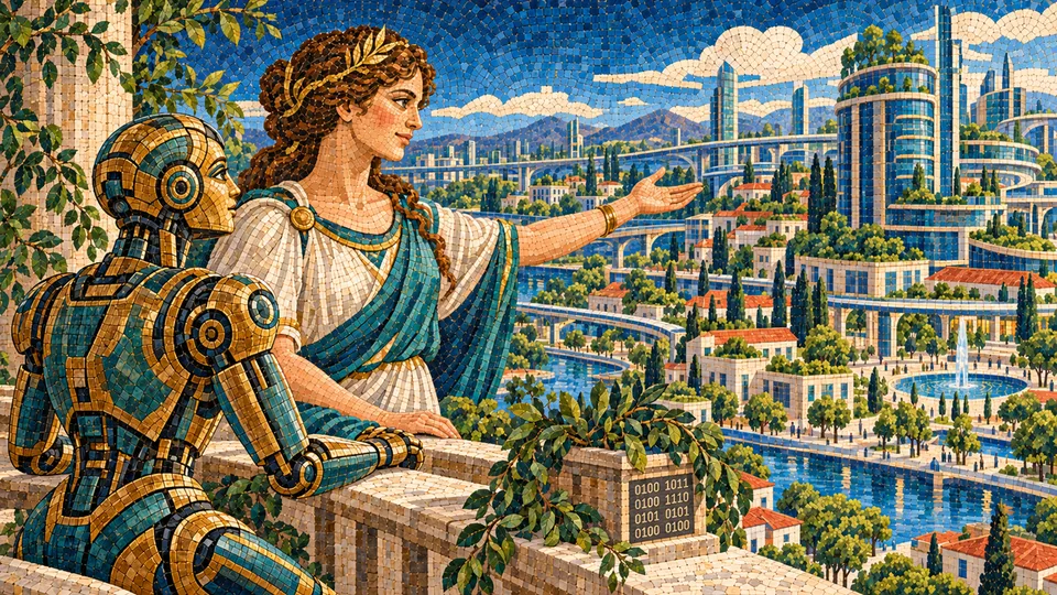 AI and Society at Tulane, ancient mosaic of a goddess and robot overlooking a modern city with homes, workplaces and a civic plaza