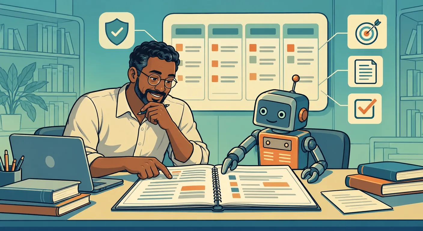 TulaneAI as Co-Professor workshop illustration, a professor and a robot reviewing an open syllabus in front of a course planning board