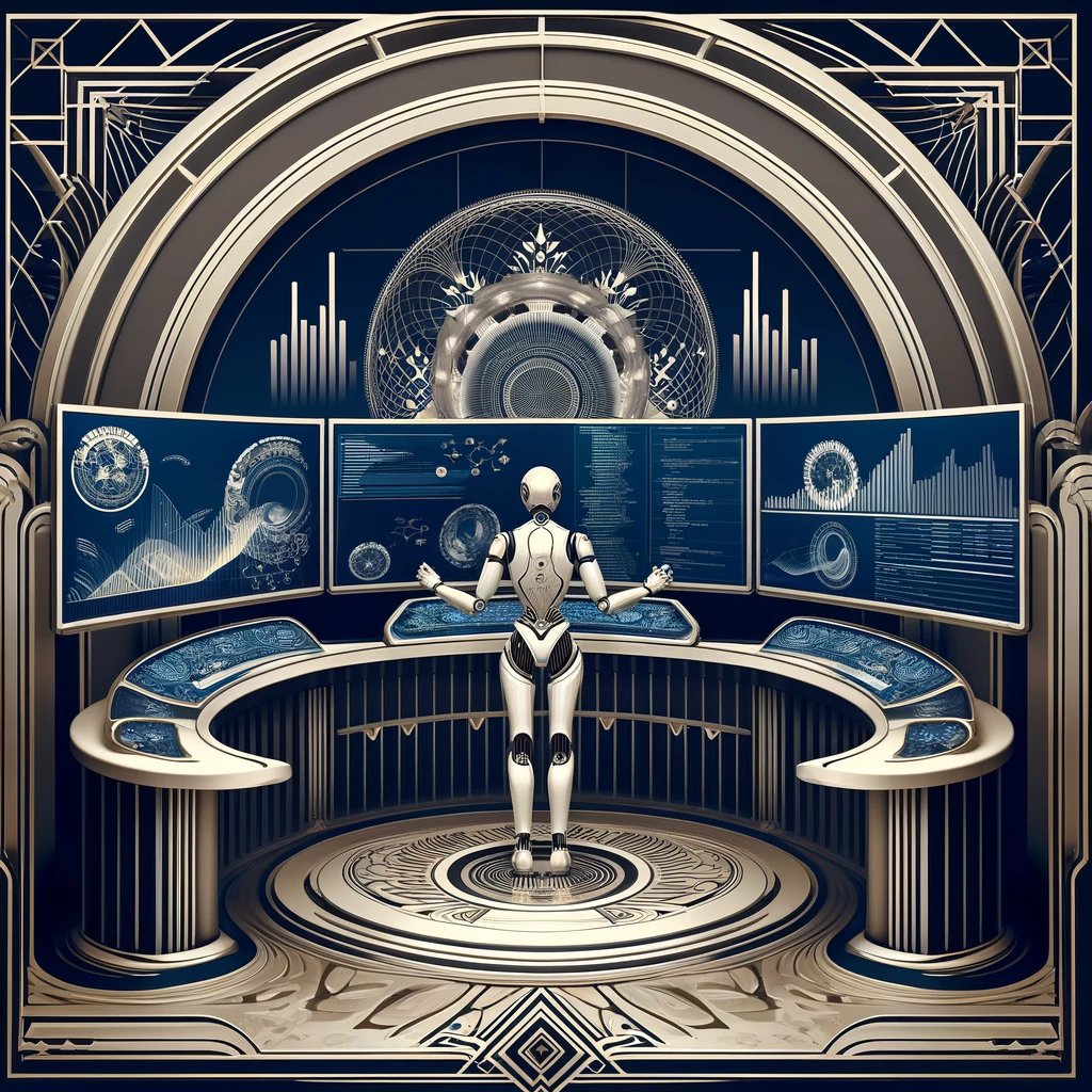 DALL·E 2024-04-10 16.08.15 - An Art Deco style illustration of a humanoid robot at a round, ornamental data analysis station, examining large, curved screens displaying dynamic, f