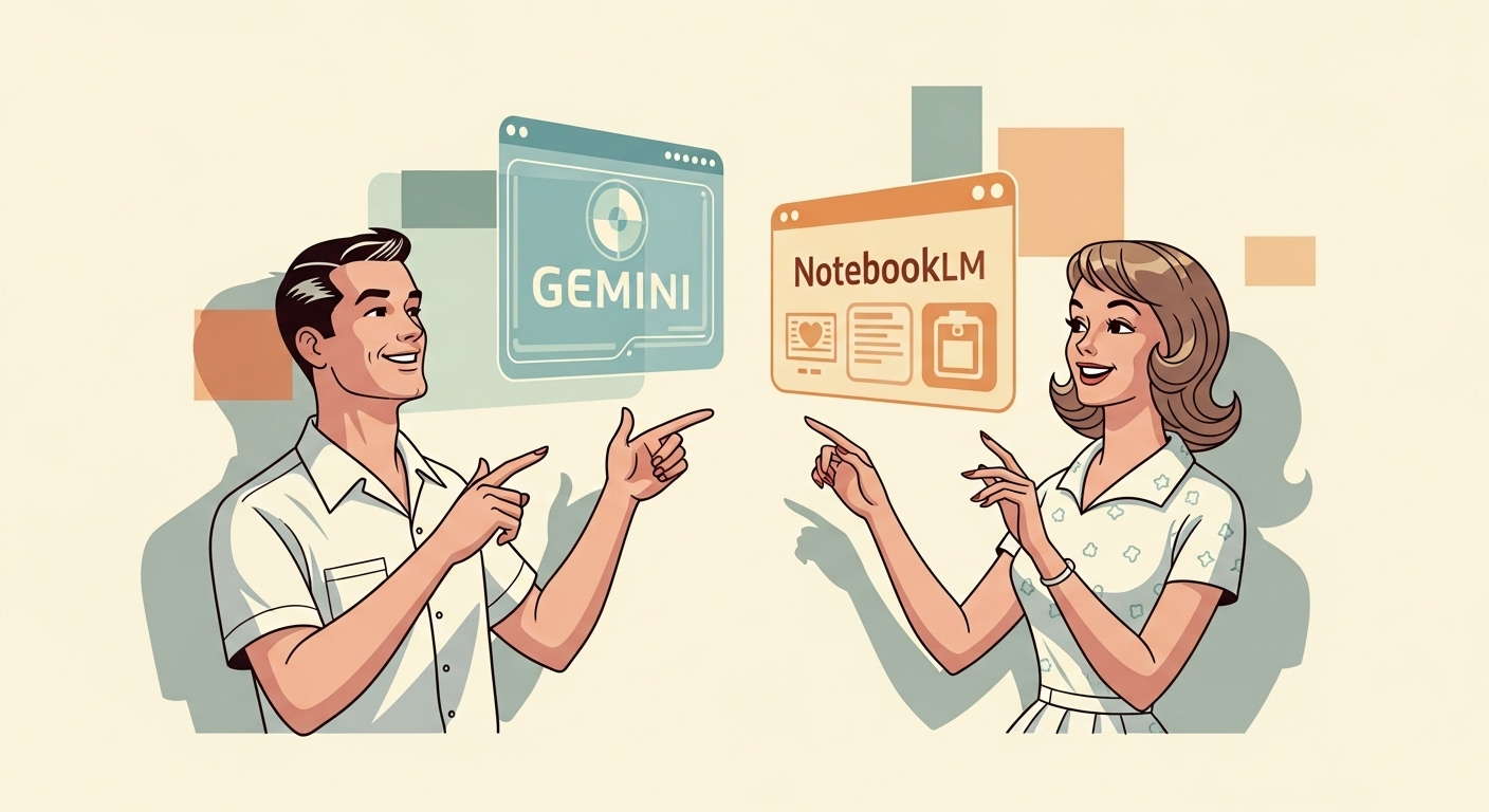 Man and woman pointing to floating logos for Gemini and NotebookLM