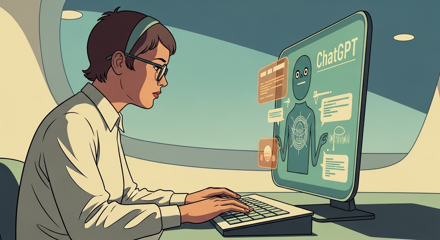 Woman at computer interacting with a ChatGPT avatar