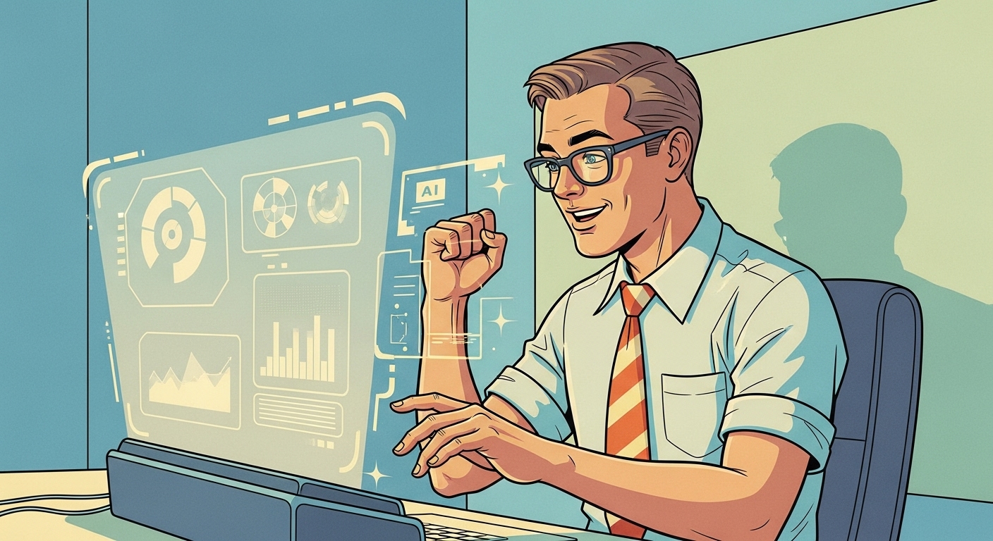 Man excited by AI data charts in a holographic interface