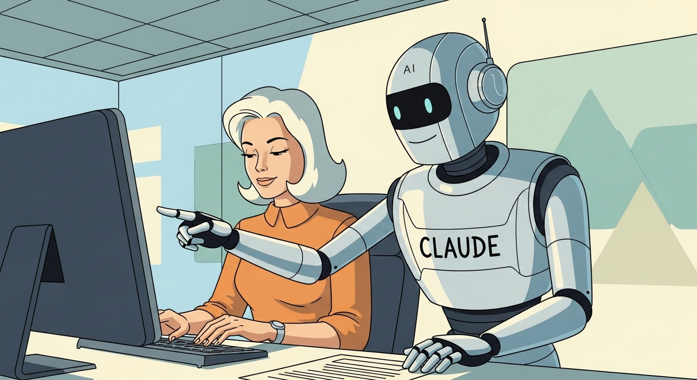 Robot assistant named Claude helping a woman at a computer