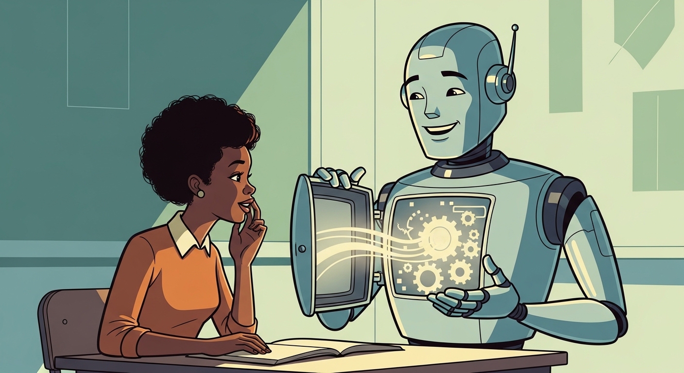 Woman discovering how AI works as a friendly robot opens its chest panel to reveal gears and circuits