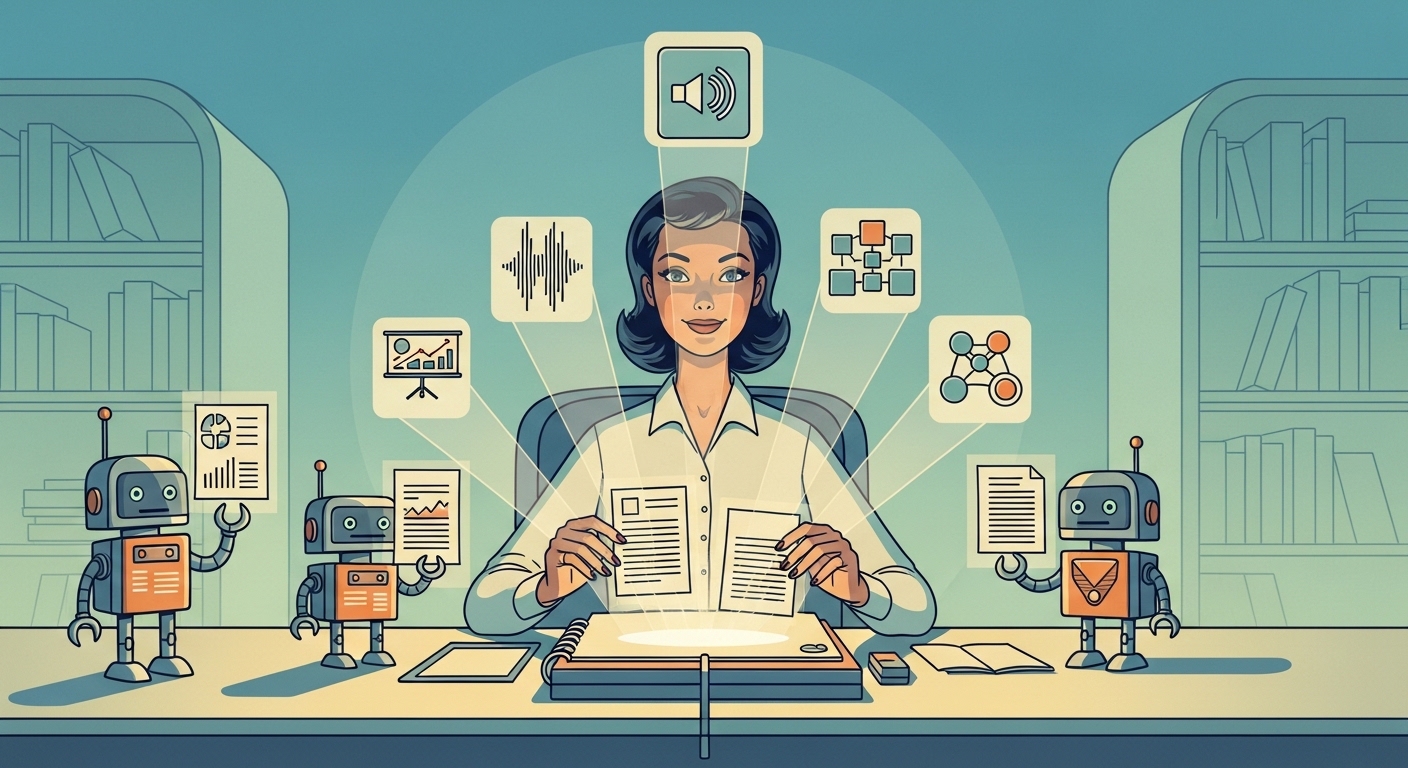 Woman at desk with robot assistants presenting research documents while output icons radiate from a glowing notebook